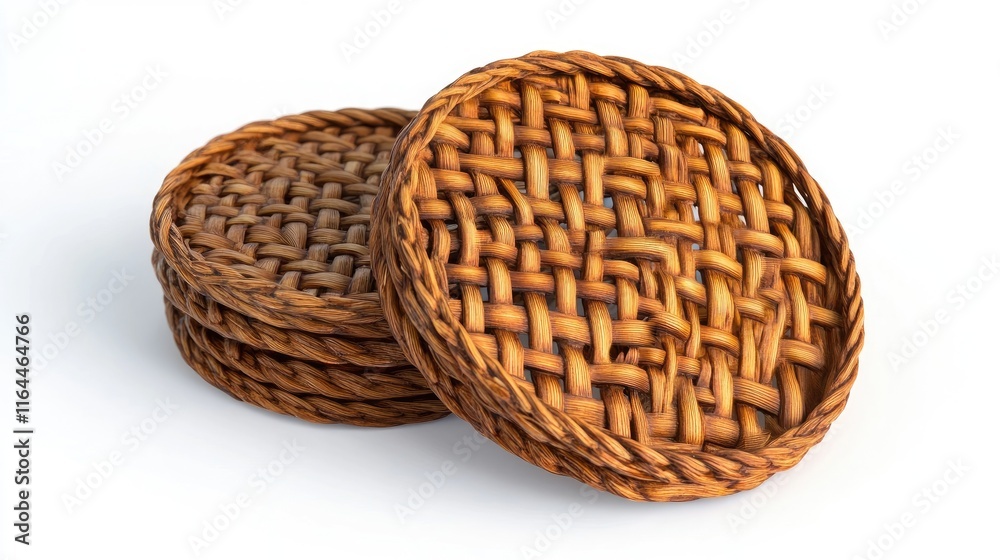 Obraz premium Rattan coasters stacked in an artistic arrangement showcasing their intricate woven design on a clean white background