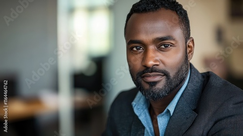 Professional portrait of a confident business professional in a contemporary office setting with a focused expression looking at the camera photo