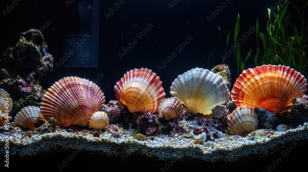 Colorful cockleshells displayed in an aquarium setting against a dark background with underwater vegetation and pebbles. Colorful cockleshells displayed in an aquarium setting against a dark background with underwater vegetation and pebbles.