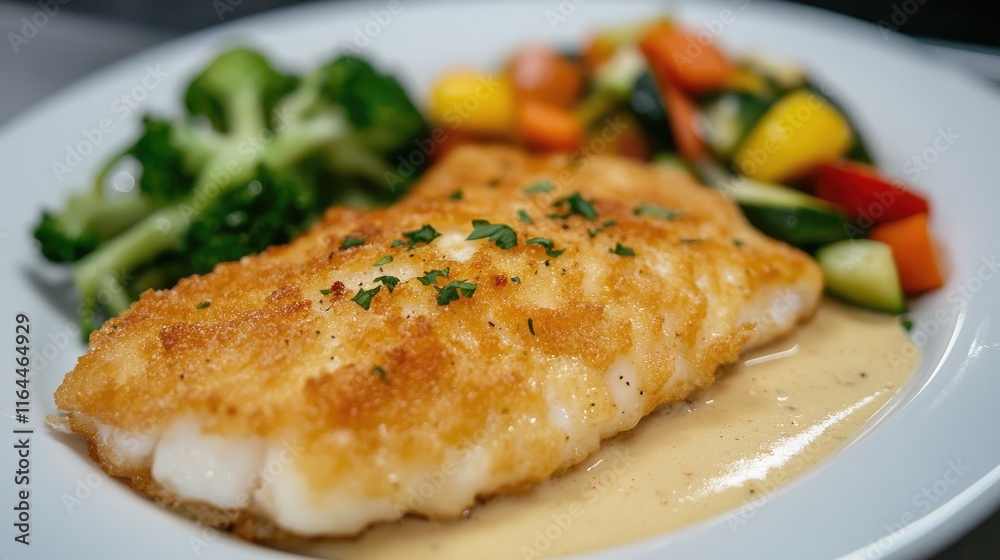 Crispy baked cod fillet served with a colorful assortment of steamed vegetables on a white plate Crispy baked cod fillet served with a colorful assortment of steamed vegetables on a white plate