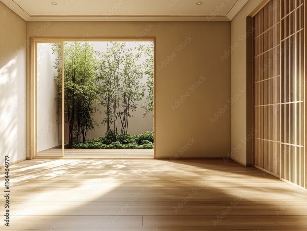 Fototapeta premium A room with a wooden floor and a sliding door. The door is open to a courtyard with trees