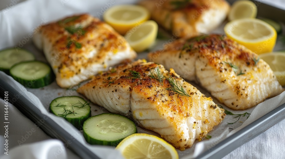 Baked fish fillets served with lemon slices and cucumber on a gray platter lined with parchment paper on a stylish tablecloth. Baked fish fillets served with lemon slices and cucumber on a gray platter lined with parchment paper on a stylish tablecloth.
