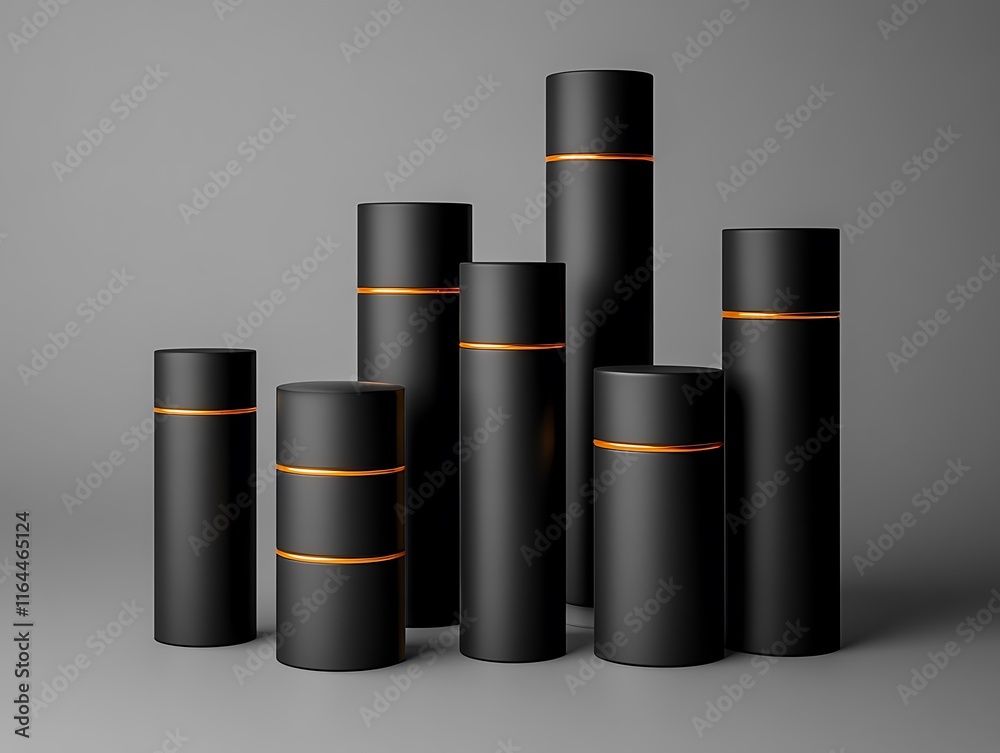 A group of sleek, cylindrical perfume bottles on a solid matte gray background A group of sleek, cylindrical perfume bottles on a solid matte gray background
