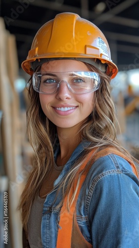 Construction worker smiling at the site with bright helmet and safety glasses...