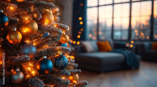 Warm holiday ambiance with a decorated Christmas tree and a cozy fireplace gl...