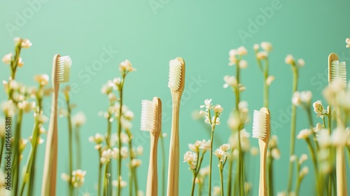 Bamboo toothbrushes surrounded by flowers on a green backdrop promoting eco-friendly dental care and sustainability in personal hygiene. photo