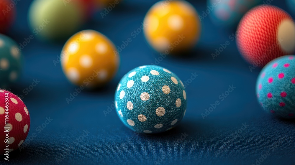 Colorful fabric covered rubber balls scattered on a blue table creating a playful and vibrant decorative scene. Colorful fabric covered rubber balls scattered on a blue table creating a playful and vibrant decorative scene.