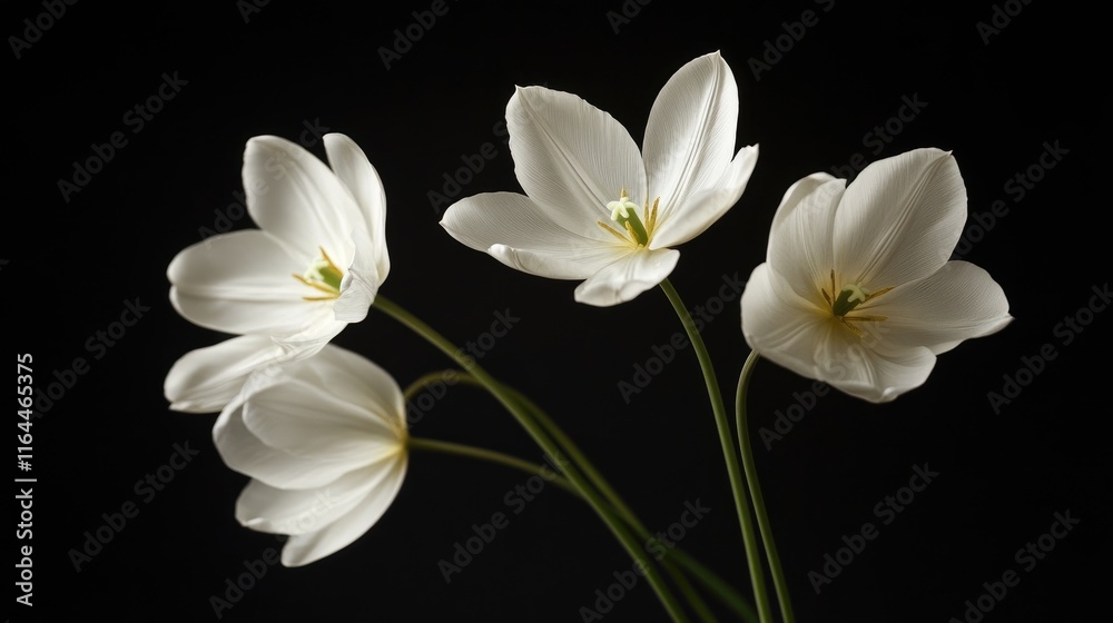 Fototapeta premium Elegant white tulip flowers gracefully arranged against a dark background showcasing their delicate beauty and seasonal charm
