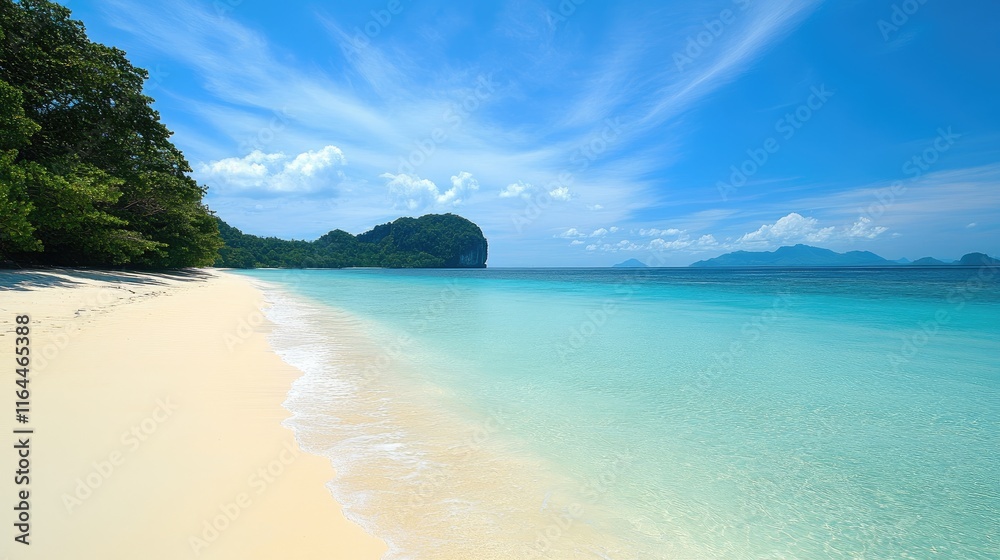 Obraz premium Tropical paradise serene sandy beach with clear turquoise waters and lush greenery under a bright blue sky