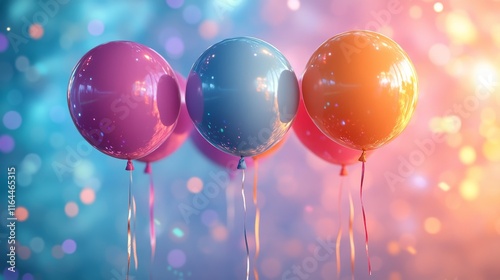 Colorful balloons cascade from the ceiling in a festive setting for a celebra...