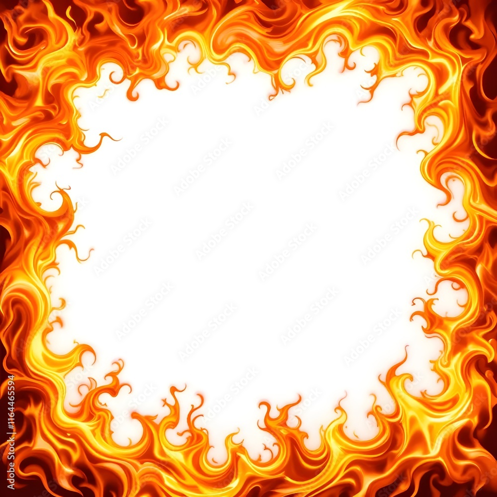 Flaming Border Frame with Bold Orange and Yellow Flames Curling Around the Edges on White Background Flaming Border Frame with Bold Orange and Yellow Flames Curling Around the Edges on White Background