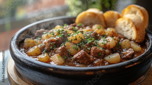 Delicious beef stew served with bread in a rustic bowl garnished with fresh h...