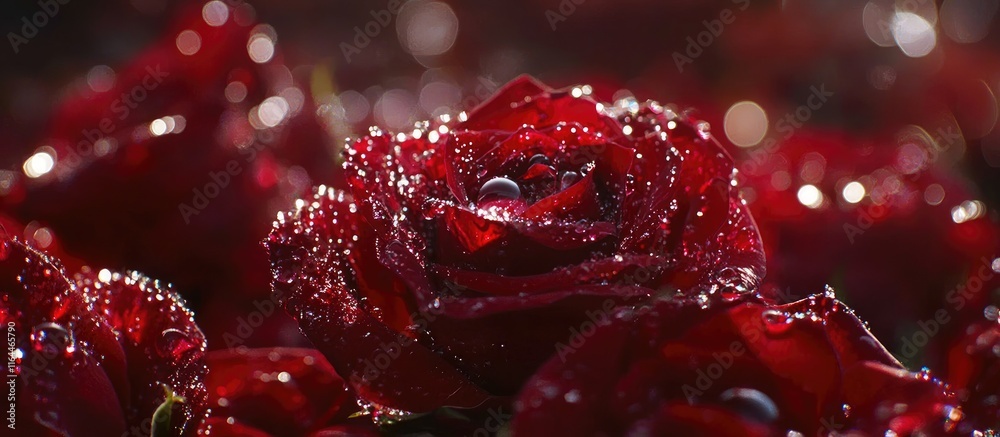 Vibrant close-up of dew-kissed red roses creating a romantic atmosphere ideal for floral designs and heartfelt themes Vibrant close-up of dew-kissed red roses creating a romantic atmosphere ideal for floral designs and heartfelt themes