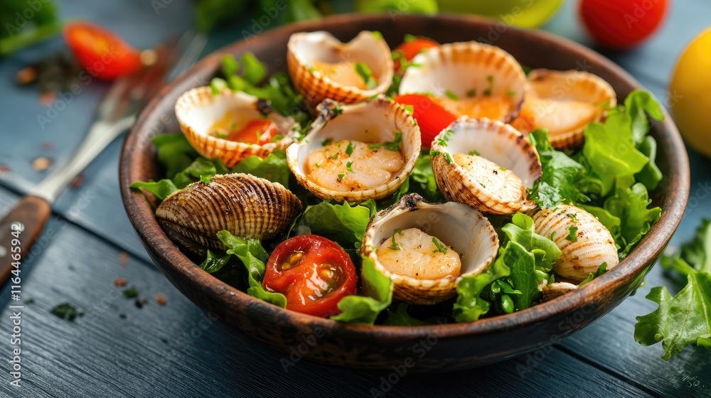 Fresh Coastal Salad with Scallops and Cockles Served on a Bed of Greens with Cherry Tomatoes on a Rustic Wooden Table Fresh Coastal Salad with Scallops and Cockles Served on a Bed of Greens with Cherry Tomatoes on a Rustic Wooden Table