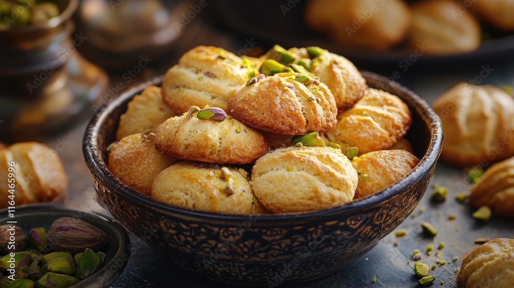 Pistachio Biscuits Freshly Baked in Decorative Bowl Perfect for Delicious Treats and Bakery Showcase Pistachio Biscuits Freshly Baked in Decorative Bowl Perfect for Delicious Treats and Bakery Showcase