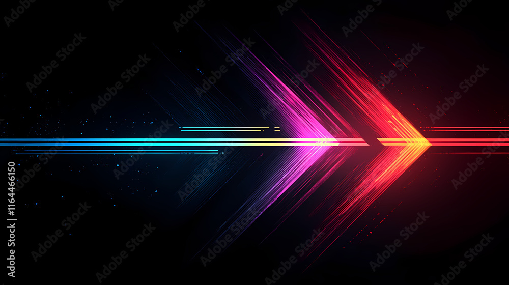 Obraz premium Dynamic and luminous glowing arrow composed of vibrant beams ascending powerfully against a minimalist pure black background. Luminiferous. Illustration