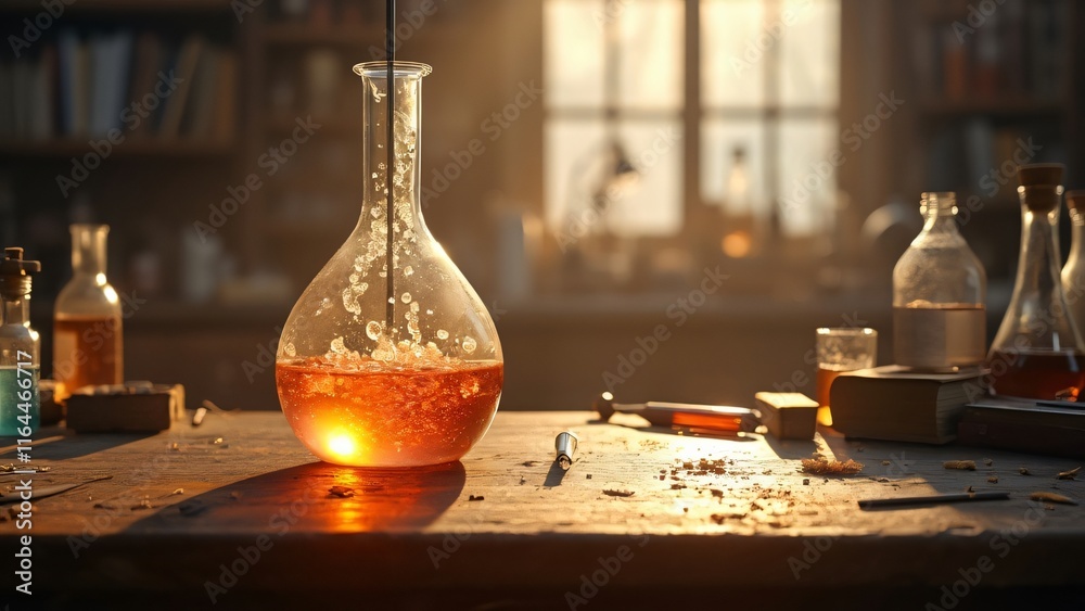 Golden Hour Alchemy, Amber Liquid in Glass Flask on Wooden Table with Vintage Bottles and Tools Golden Hour Alchemy, Amber Liquid in Glass Flask on Wooden Table with Vintage Bottles and Tools