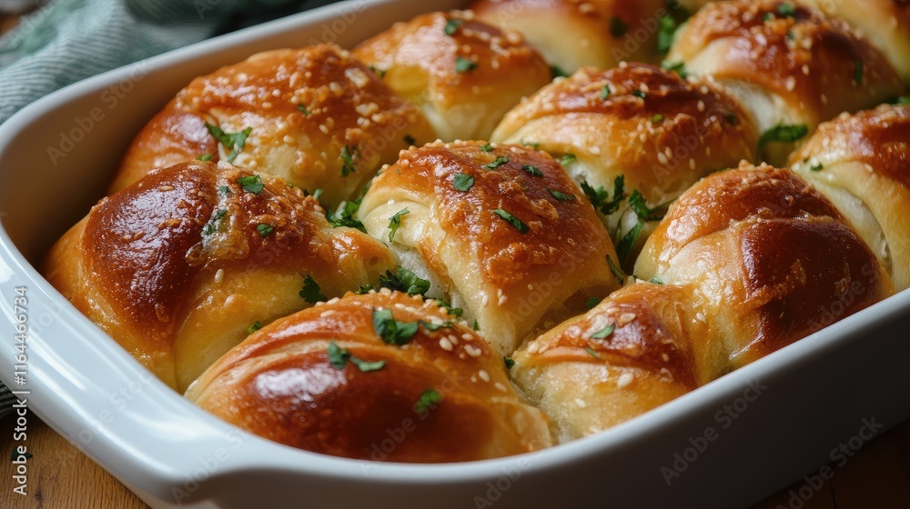 Savory baked rolls garnished with herbs served in a white dish showcasing deliciousness and texture for food photography. Savory baked rolls garnished with herbs served in a white dish showcasing deliciousness and texture for food photography.