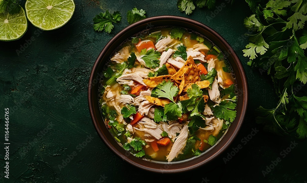 Vibrant sopa de lima from Mexico served with fresh herbs and tortilla strips in a tropical setting