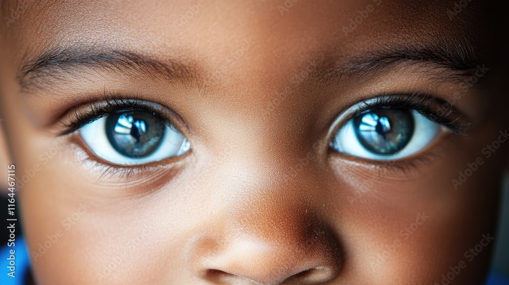 Fototapeta premium Close up portrait of an adorable young African American boy showcasing captivating blue eyes and a charming expression.