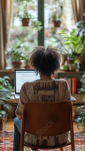Cozy workspace with a woman in a sweater working on a laptop surrounded by pl...