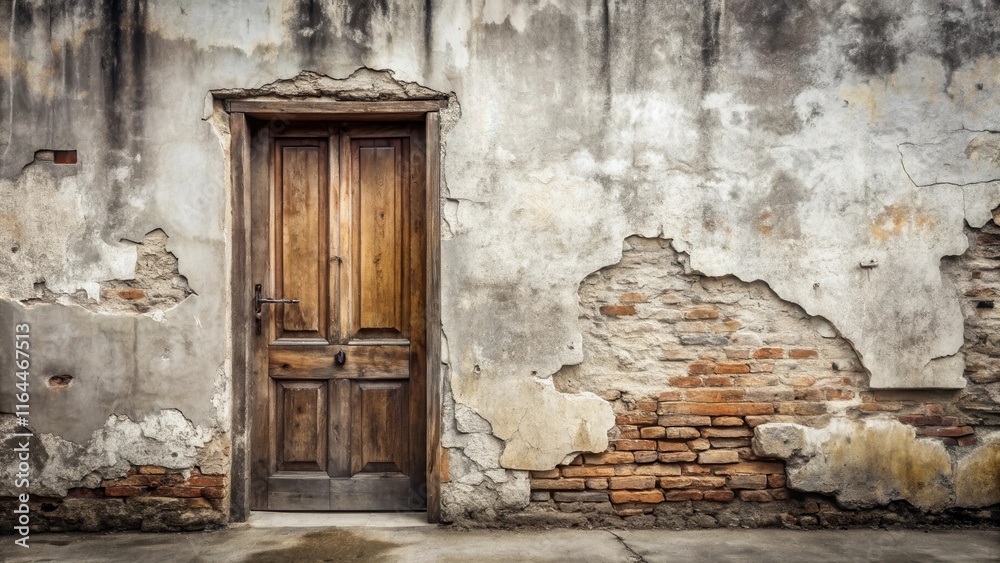 Aged Wooden Door in a Decaying Brick and Plaster Wall Aged Wooden Door in a Decaying Brick and Plaster Wall