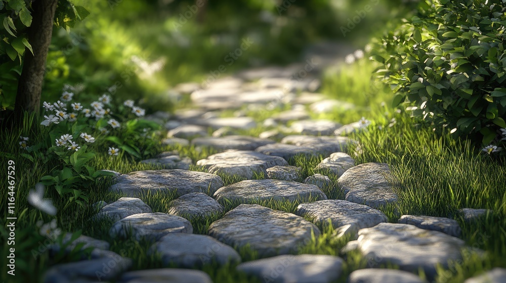 Naklejka premium Serene cobblestone pathway surrounded by lush green grass and blooming flowers in a tranquil natural setting