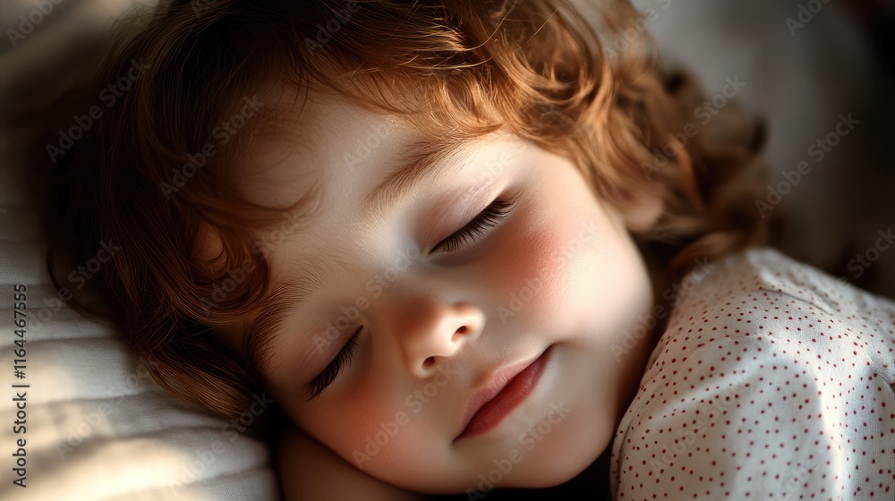 Peaceful close up of a sleeping young child with curly hair resting on a soft pillow in a serene environment Peaceful close up of a sleeping young child with curly hair resting on a soft pillow in a serene environment
