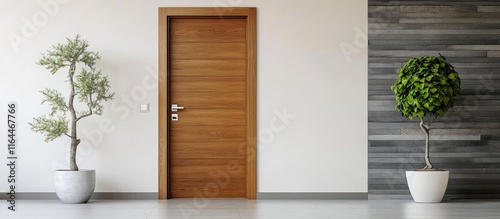 Sleek brown wooden interior door enhance modern home decor with minimalistic elements and greenery in a contemporary setting.
