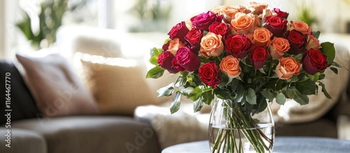 Wallpaper Mural Vibrant bouquet of roses in a clear vase on a sunlit table enhancing a cozy home interior with warm decorative elements Torontodigital.ca