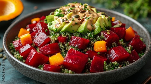 Healthy quinoa salad with beets and avocado served in a bowl photo