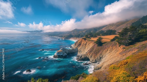 Stunning View of Big Sur Coastline with Lush Landscape and Serene Ocean Waves under a Dramatic Sky