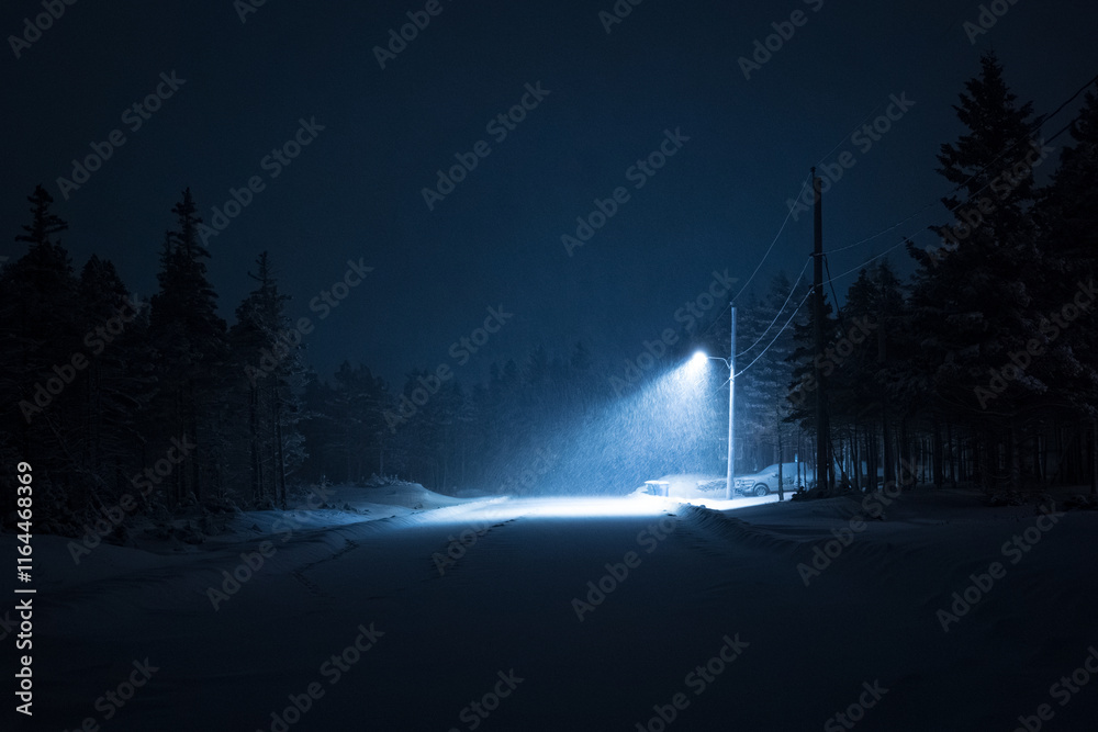 Streetlamp Lit Up at Night in an Empty Country Road in Anticosti Island, Quebec Icy Immensity