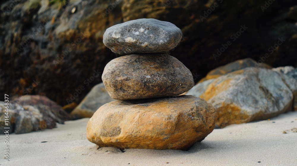 Stacked Stones on Sandy Beach with Natural Rock Formation in Background Creating a Calm and Serene Coastal Atmosphere Stacked Stones on Sandy Beach with Natural Rock Formation in Background Creating a Calm and Serene Coastal Atmosphere