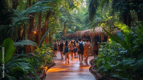 Hikers navigating lush forest path in early morning light near tropical mount...