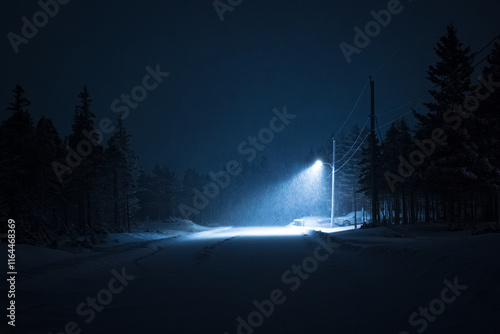 Streetlamp Lit Up at Night in an Empty Country Road in Anticosti Island, Quebec Icy Immensity