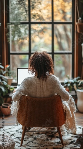 Cozy workspace with a woman in a sweater working on a laptop surrounded by pl...