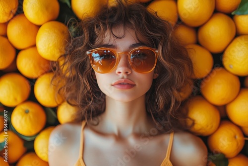 Woman wearing sunglasses surrounded by vibrant oranges in a bright market set...
