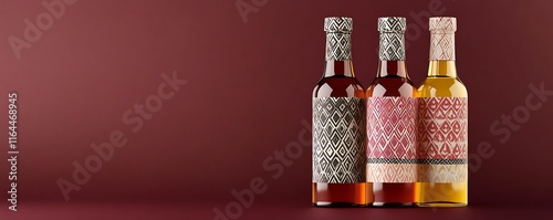 A trio of glass vinegar bottles with patterned labels on a solid maroon backdrop