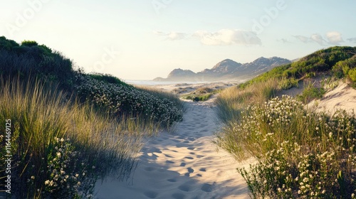 Coastal sand dune scene featuring vibrant Fynbos and wild grasses under soft sunlight inviting exploration and natural beauty photo