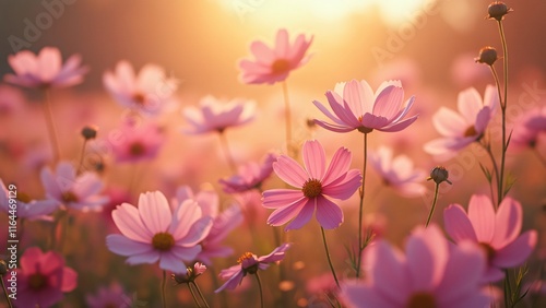 Dreamy Pink Cosmos Flower Field at Dawn, Serene Garden Sunrise Photography