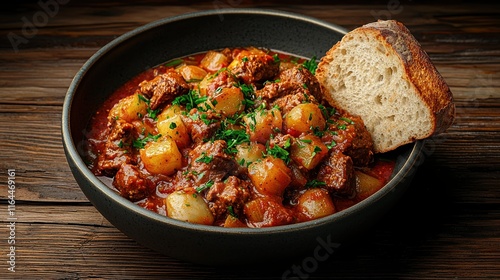 Hearty hungarian goulash served with rustic bread on a wooden table for comfort dining experience
