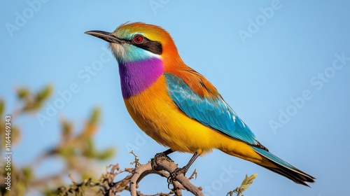 Colorful bird perched on a branch in a clear blue sky during a sunny day