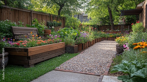 Lush backyard garden with colorful flowers and vegetable beds in a serene urb...