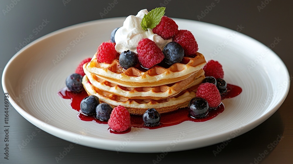 Golden waffles topped with mixed berries and maple syrup on a classic white plate