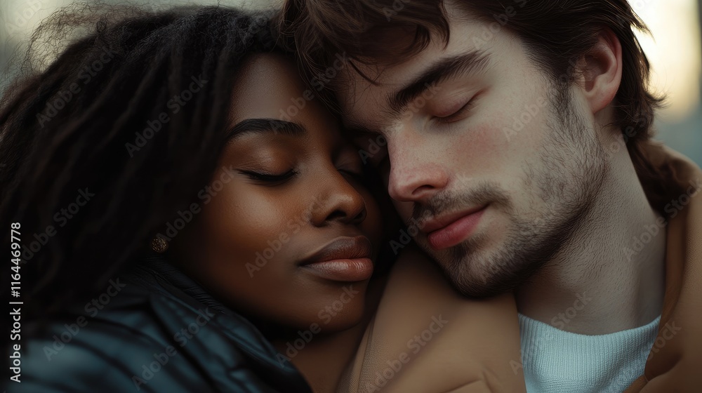 Intimate moment of a diverse couple sharing warmth and love with closed eyes reflecting deep affection and connection outdoors Intimate moment of a diverse couple sharing warmth and love with closed eyes reflecting deep affection and connection outdoors