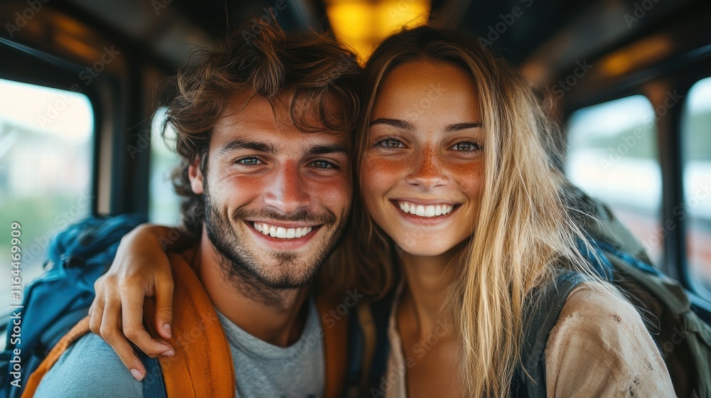 smiling young couple travelling together by train