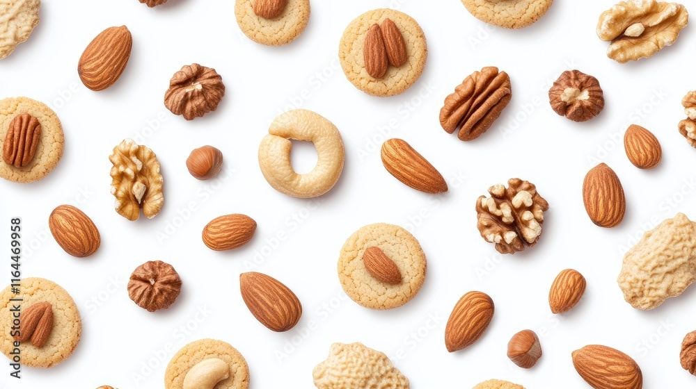 Bakery assortment featuring homemade sweet nuts and cookies on a clean white background showcasing delightful baked treats Bakery assortment featuring homemade sweet nuts and cookies on a clean white background showcasing delightful baked treats