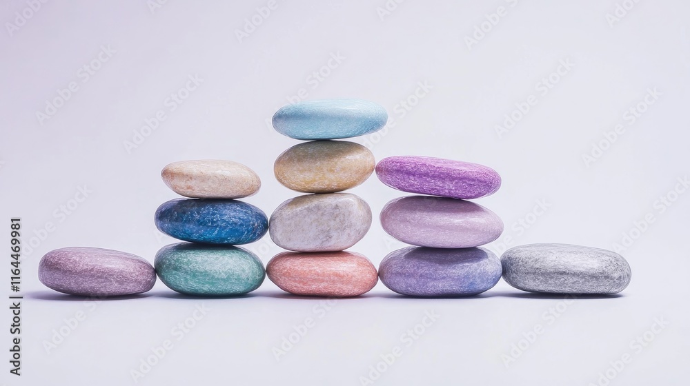 Pyramid of Balancing Colored Stones Stacked on White Background for Serenity and Harmony Concepts Pyramid of Balancing Colored Stones Stacked on White Background for Serenity and Harmony Concepts