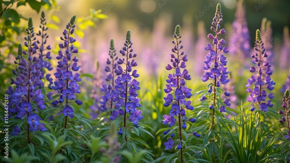 Obraz premium Vibrant Purple Larkspur Blooms in Profusion, Lush Field of Delicate Blue-Toned Flowers Swaying Gently in Sunny Grassland